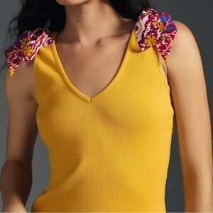 Maeve Anthropologie Yellow Sleeveless Top with Patterned Shoulder Ties